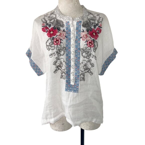 Johnny Was Womens Top Size Small White Embroidered Floral Casual Pure Linen - Picture 11 of 12
